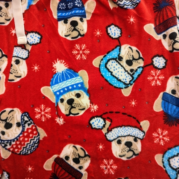 Novogratz Lounge Joggers Frenchie Winter Print Plush Elastic Waist Red M NWT - Picture 12 of 15